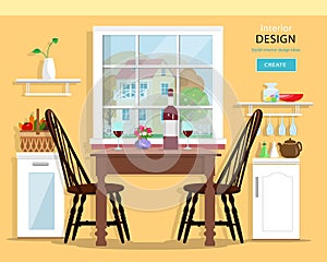 Cute modern kitchen interior design with furniture: table, chairs, kitchen cupboards.