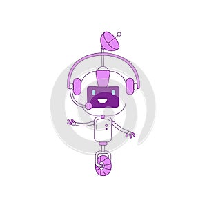 Cute modern robot with operator headset violet linear object