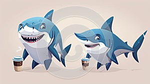 A cute modern shark cartoon character illustration. Ocean fish mascot icon smiling, smiling, drinking coffee, and