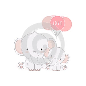 Cute mom and baby elephant with balloons. Mother`s day card.