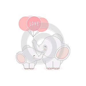 Cute mom and baby elephant with balloons. Mother`s day card.