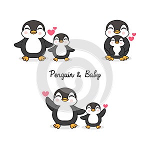 Cute mom and baby penguin cartoon.