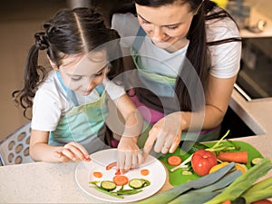 Cute mom and little girl making funny face from vegetables in kitchen. Mother and her daughter cooking together in
