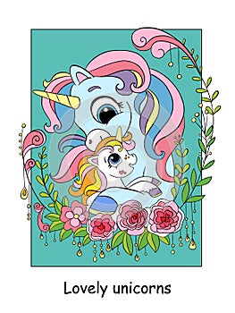 Cute mom unicorn and baby color illustration