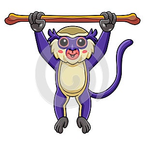 Cute mona monkey cartoon hanging on tree