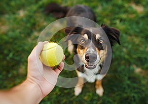 Cute mongrel dog portrait shot with a owner arm offering green tennis ball to lovely friend. Loyal dogs pets friendship, outdoor