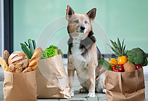 Dog guards paper bags full with bread vegetables and fruit photo