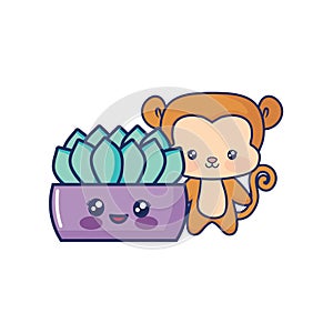 cute monkey baby with cartoon potted plant