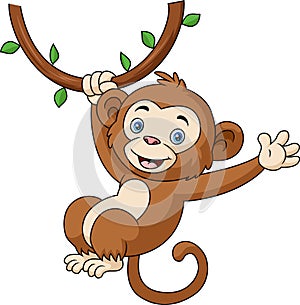 Cute monkey cartoon hanging in tree branch