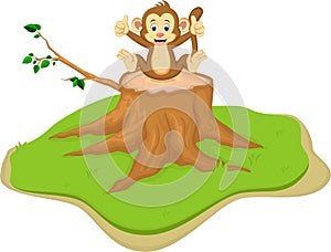 Cute monkey cartoon sitting on tree stump