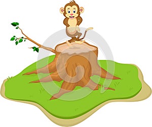 Cute monkey cartoon on tree stump