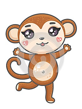 Cute monkey cartoon vector illustration. Smiling baby animal monkey in kawaii style isolated on white background.