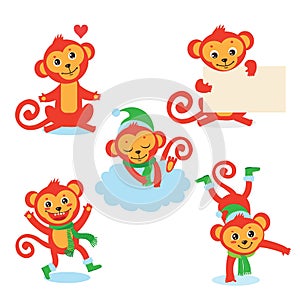 Cute Monkey Character Set. Vector Illustrations Of A In Various Poses. All On White Background.