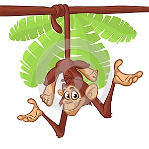 Cute Monkey Chimpanzee Hanging On Wood Branch. Vector Illustration Cartoon