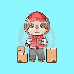 Cute monkey courier package delivery animal chibi character mascot icon flat line art style illustration concept cartoon