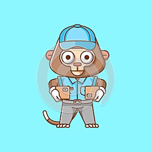 Cute monkey courier package delivery animal chibi character mascot icon flat line art style illustration concept cartoon