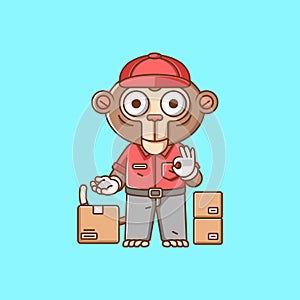 Cute monkey courier package delivery animal chibi character mascot icon flat line art style illustration concept cartoon