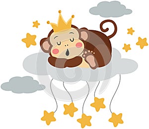 Cute monkey with crown sleeping on cloud with stars