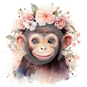 Cute monkey with floral wreath on white background. Watercolor cartoon illustration