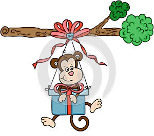 Cute monkey with gift box suspended on branch