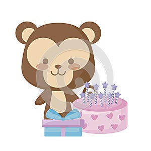 cute monkey with gift box and sweet cake