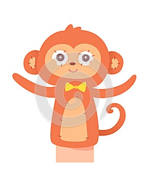 Cute monkey hand doll for puppet show, isolated sock toy for actor performing puppetry