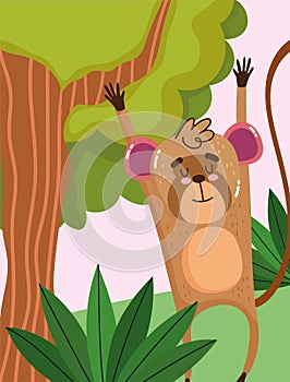 Cute monkey hanging branch tree grass forest nature wild cartoon