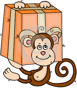 Cute monkey hanging on gift