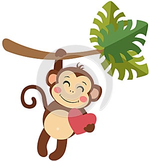 Cute monkey hanging from palm branch holding a heart