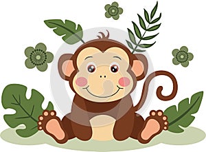 Cute monkey in the jungle with leaves