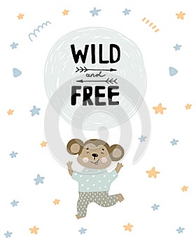 Cute monkey in pajamas dancing illustration with text Wild and free on hand drawn shapes background. Vector flat cartoon