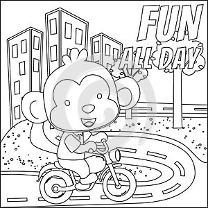 cute monkey ride motorcycle funny animal cartoon. Creative vector childish design for kids activity coloring