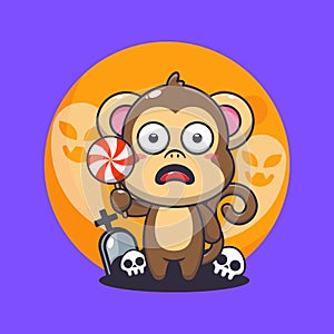 Cute monkey scared by ghost in halloween day.