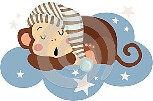 Cute monkey sleeping on blue cloud