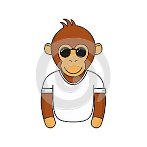 Cute monkey with sunglasses. Cartoon fashionable monkey wear in glasses and white t-shirt