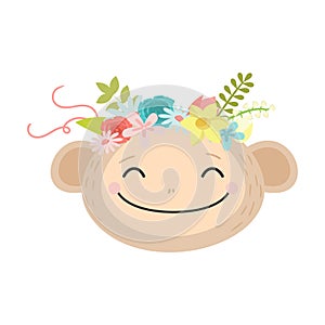 Cute monkey in a wreath of flowers. Raster illustration in flat cartoon style.