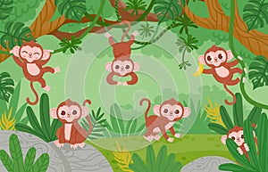 Cute monkeys hanging on lianas trees in jungle forest. Cartoon happy monkey characters play and jump. Childish tropical zoo vector