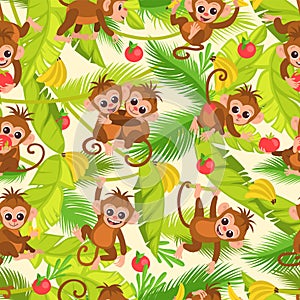 Cute monkeys seamless pattern. Cartoon little primates in jungles. Marmosets hugging on rainforest lianas. Animals