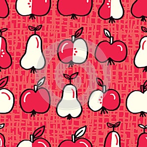 Cute Monochrome Felt Tip Pen Apple and Pears Fruits Vector Seamless Pattern
