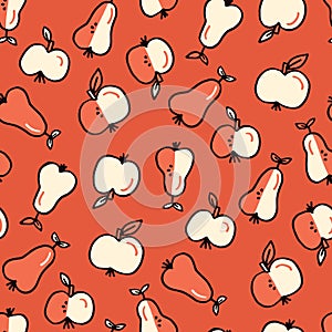 Cute Monochrome Felt Tip Pen Apple and Pears Fruits Vector Seamless Pattern