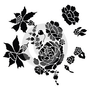 Cute monochrome graden flowers silhouette cartoon vector illustration motif set. Hand drawn black and white rose elements clipart