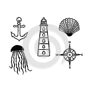 Cute monochrome nautical lineart cartoon vector illustration motif set. Hand drawn isolated anchor, lighthouse, jellyfish and