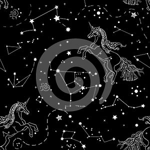 Cute monochrome seamless pattern with galaxy and white linear contour unicorns on black background. Vector illustration