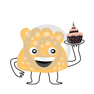 Cute monster baby character for anniversary with cake