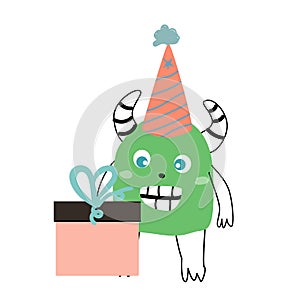 Cute monster baby character with gift in birthday cap