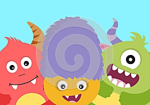 Cute monster background, banner or poster design. Cartoon character card template. Vector