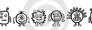 Cute monster border seamless vector. Repeating cute aliens and monsters horizontal repeating pattern black on white. Coloring kids