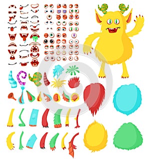 Cute monster cartoon character constructor kit, flat vector isolated illustration. Funny animal and creature body parts.