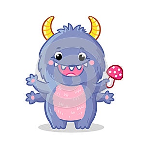 Cute monster in cartoon style. Vector illustration with a mythical beast which holds
