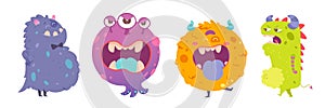 Cute monster characters set, alien animals with funny faces, beast with tongue and horns